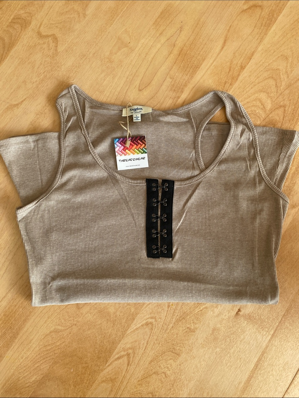 Hayden Los Angeles Neutral Ribbed Tank with Black Frog Eye Closure